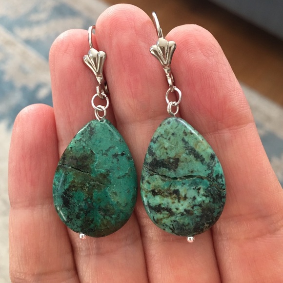 Vintage Jewelry - Natural chrysocolla silver tone drop earrings